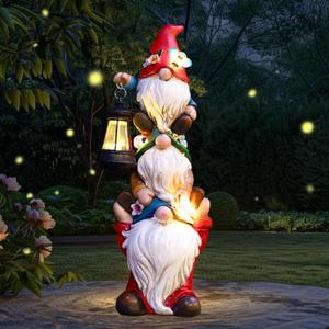 twinbling 17 in Large Garden Gnome Statue with Solar Lights Sculptures Funny Triple Big Gnome Outdoor Patio Lawn Yard Balcony Garden Home Decor Gifts for Women Mom