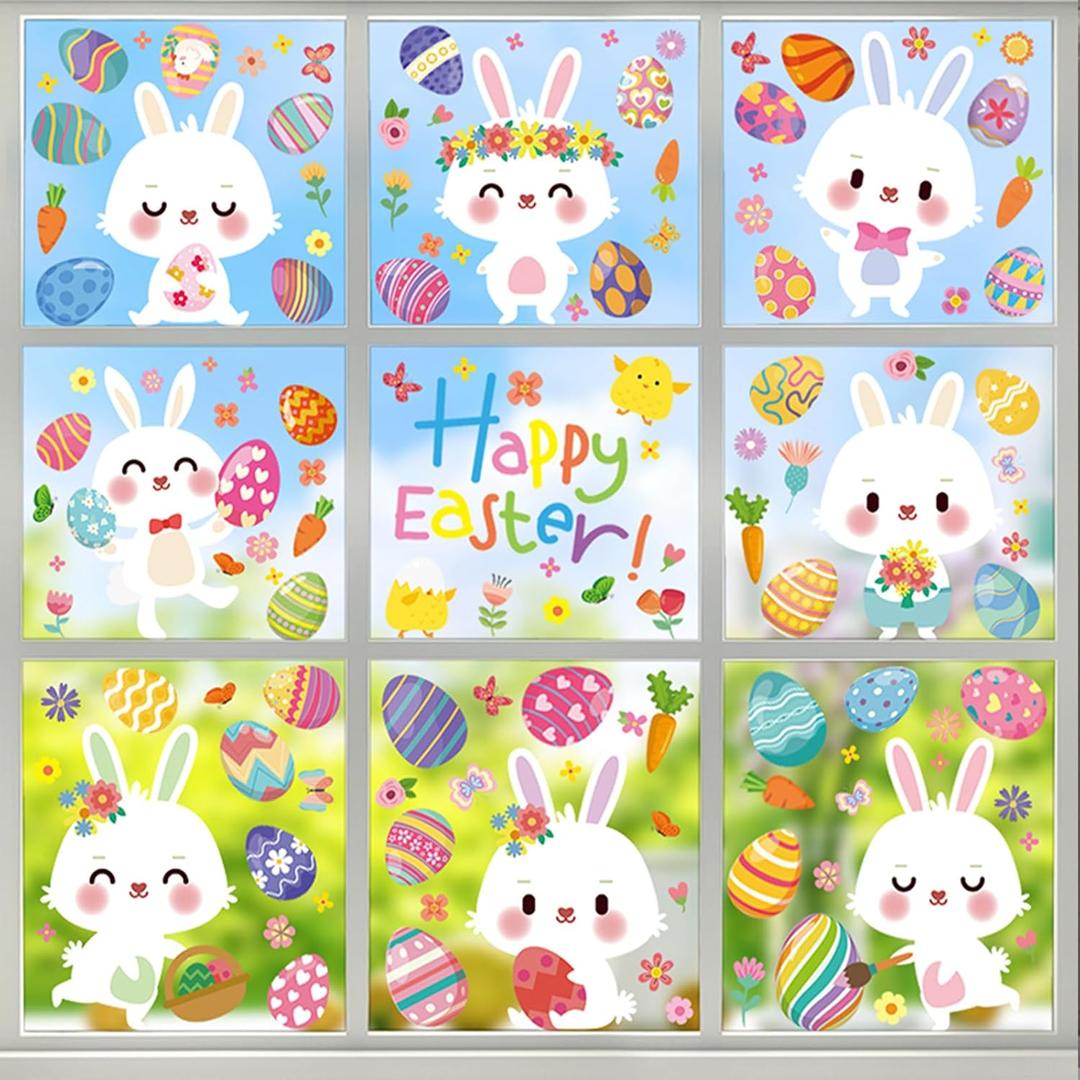 2 x 140PCS Easter Window Clings - 9 Sheets Double-Sided Reusable Bunny Egg Stickers, Anti-Collision Spring Decor for Glass, Mirror, Tile - Perfect for Home, School, Office & Indoor Party Decor