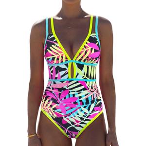 popvil Women One Piece Swimsuit 2026 Tummy Control Sexy Cutout Neon Color Block Bathing Suit Slimming Adjustable Swimwear (XL, Leaves Printed)