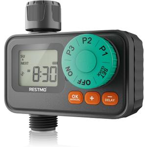 RESTMO Sprinkler Timer with 3 Separate Programs, 7-Day Programmable Water Timer for Garden Hose, Automatic Control/Manual/Rain Delay for Drip Irrigation, Lawn and Yard Watering System (1 Zone)