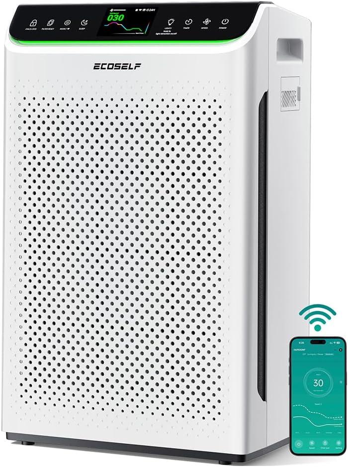 Ecoself Air Purifier for Home Large Room Up to 3850Ft² with Washable Filter, HEPA Air Cleaner with AQI Display, Trend Graph, Smart App Control, Auto Eco Pet Sleep Modes for Allergies, HAP610WF, Off White