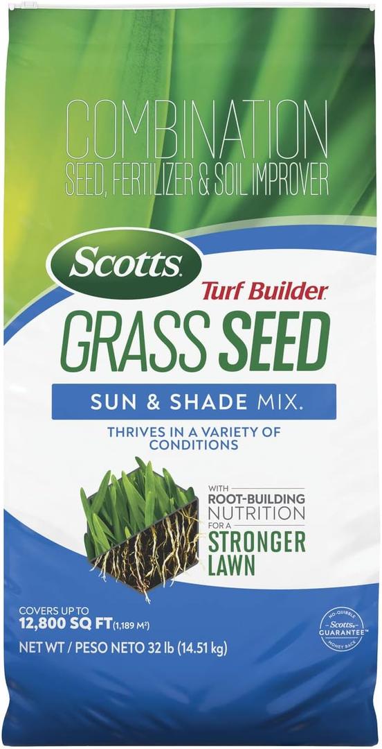 Scotts Turf Builder Grass Seed Sun and Shade Mix - Grass Seed Plus Lawn Fertilizer and Soil Improver, Covers Up to 12,800 sq. ft., 32 lb.