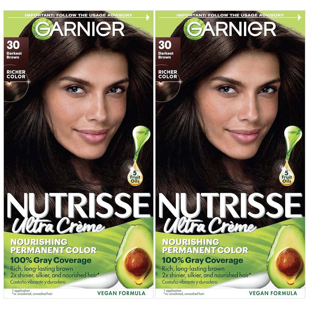 Garnier Nutrisse Ultra Crme Hair Color, Permanent Hair Dye with 100% Gray Coverage, Vegan & Cruelty-Free, 30 Darkest Brown (Sweet Cola), 2 Count