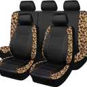 Flying Banner car seat Covers Protects Leopard Printing Velvet Faux Leather Carbon Fiber Front and Rear Bench (Leopard Brown Black, Full Set - 8PCS)