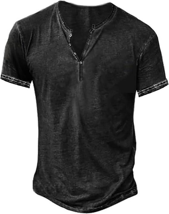 Beotyshow Mens Distressed Henley Shirts Short Sleeve Button T-Shirt Slim Fit Cotton Casual Shirt (Medium, 1-black)