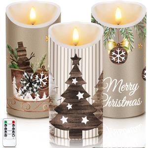 ROCEEI 3 Pcs Christmas Flameless Candles Winter Farmhouse Style Battery Operated LED Candles Christmas Rustic Pillar Flickering Real Wax Decorations for Indoor Table Decor Xmas Gifts Holiday Party
