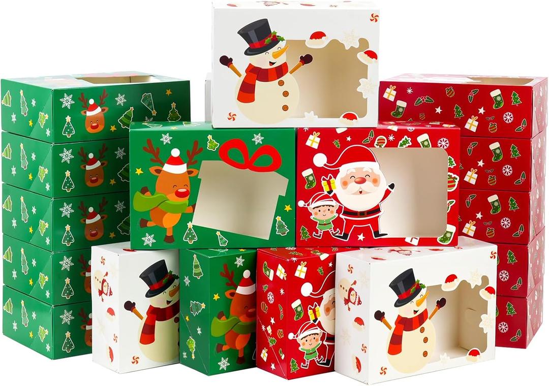 Moretoes 24pcs 8.25x6x2.75in Christmas Bakery Cookie Boxes with Window, Xmas treat Boxes for Holiday Party Favor Pastries, Cupcakes, Cookies, Donuts, Gift Wrapping