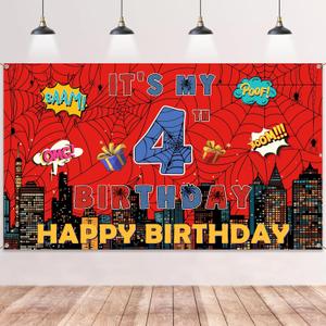 Spider Web 4th Birthday Banner - Red Webs Large Happy Birthday Backdrop Decorations(7143 Inch), Red Blue Photo Booth Photography Background Supplies for Kids Boys 4 Year Old
