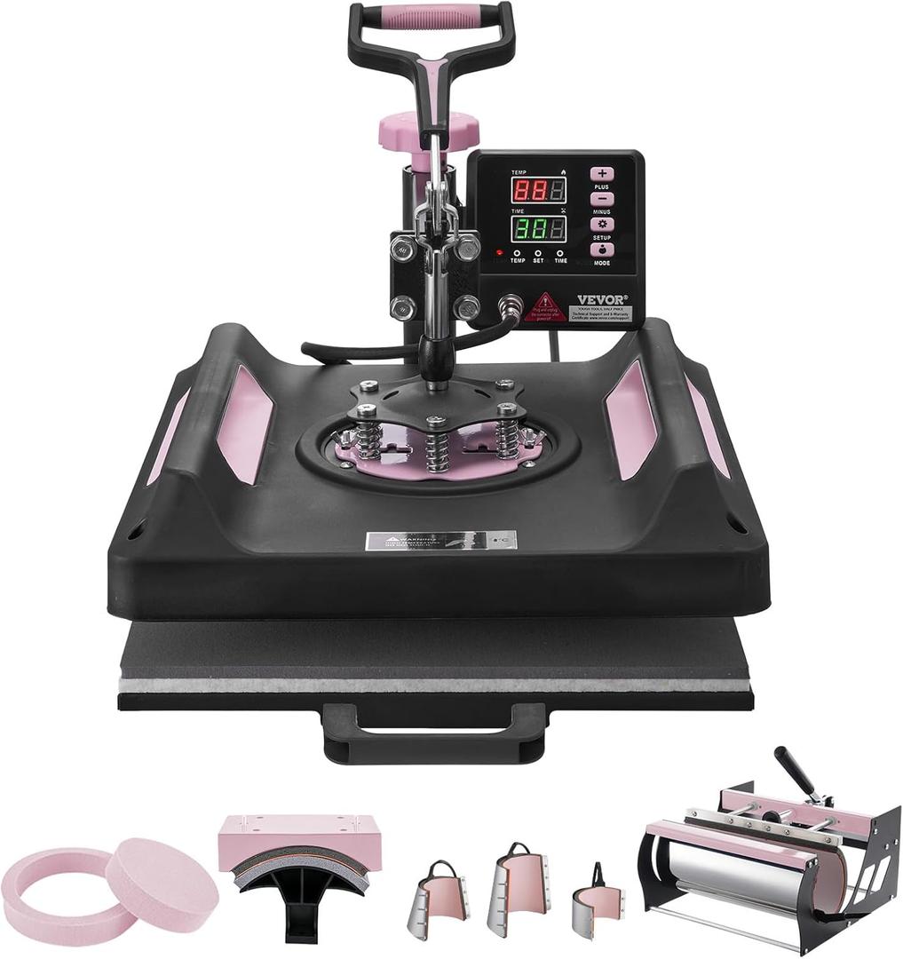 VEVOR Pro 15x15 Heat Press with 30 OZ Tumbler Attachment, 8in1 Combo Tumbler Hat Heat Press for T-Shirts, Tumblers Glass Cans Mugs Hats Caps, and Plates (Black & Pink)