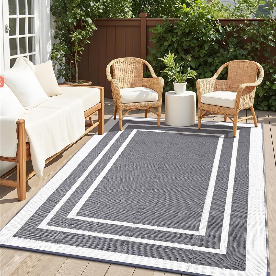 OLANLY Outdoor Rug 8x10 ft Waterproof, Reversible Outdoor Plastic Straw Rug, RV Mat, Indoor Outdoor Carpet Clearance for Patio, Camping, Balcony, Deck, Backyard, Grey & White