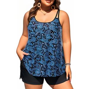 Plus Size Tankini Swimsuits - Women Two Piece Tankini Top with Shorts Flowy Swimsuit 2025 Bathing Suits (Blue Paisley), Size 20W