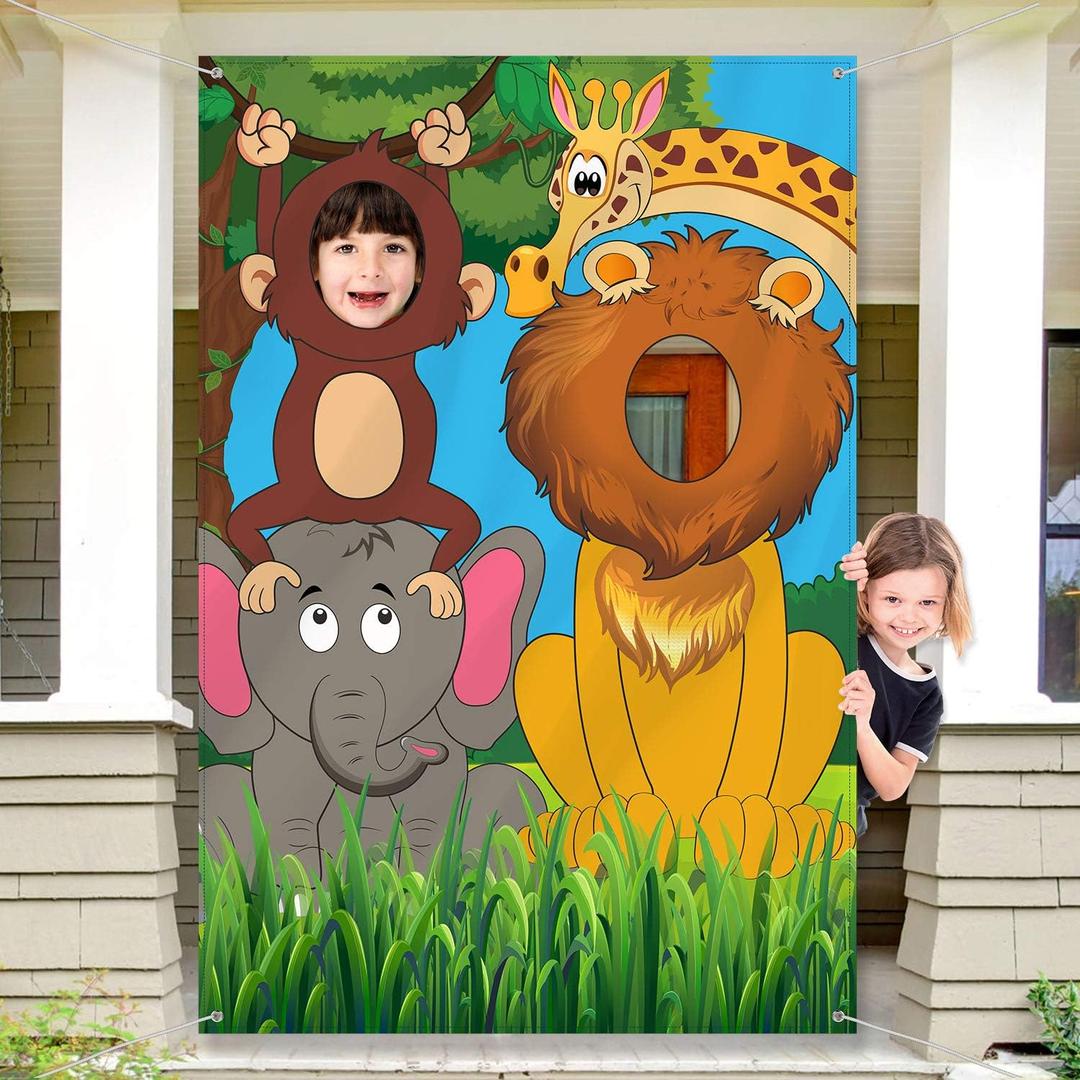Blulu Jungle Animal Party Backdrop 59" x 39.4" Large Photo Booth Banner for Birthday Parties Safari Themed Decoration for Party and Photography