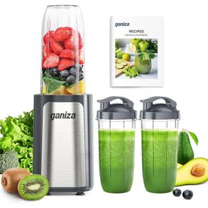 Ganiza Smoothie Blenders, 14Pcs Personal Blender for Shakes and Smoothies for Kitchen with 3 Portable Blender Cups (1x24oz & 2X17oz), Single Serve Smoothies Maker for Juices, Nutritious Recipe Grey