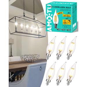 AMDTU E12 60 Watt Equivalent LED Candelabra Bulb CA10 Candle 4000K Daylight Dimmable Small Base Chandelier Light, Ideal for Dining Rooms, Living Rooms, and Porches, Long-Lasting Cozy Indoor Light (Clear Glass 6w=60w 4000k Daylight White)