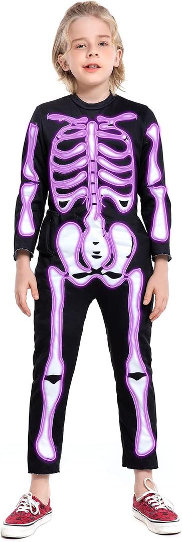 HSCTEK Child Light-up Skeleton Costume (Updated EL Wire) (10-12, Purple)