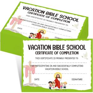 Vacation Bible School Certificates - 50 Pcs VBS Certificate of Completion 11"X 8.3", Christian Cross Attendance Award Participation Certificates for Religious Sunday School Elementary