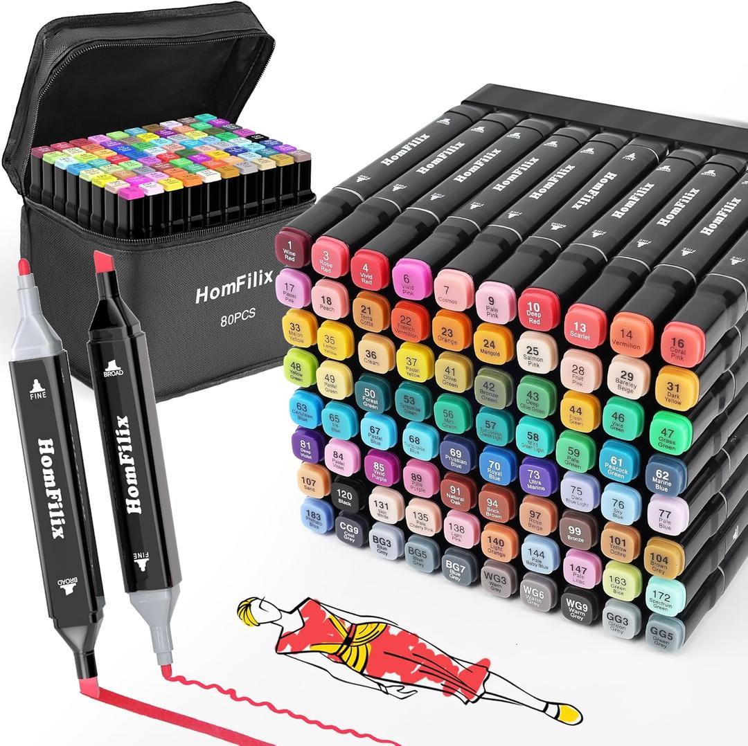 Alcohol Markers, 80 Colors Dual Tip Art Alcohol Markers Set - Perfect for Coloring, Drawing, Sketching, Card Making and Illustration, Perfect for Adults