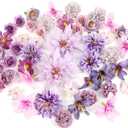 LACGO 48 PCS Artificial Flowers Heads, Fake Daisy Heads Bulk Silk Faux Rose DIY Cake Decor Blossom Garland Wreath Bouquets Crafts for Halloween Wedding Bridal Baby Shower Home Party Decoration (Purple)