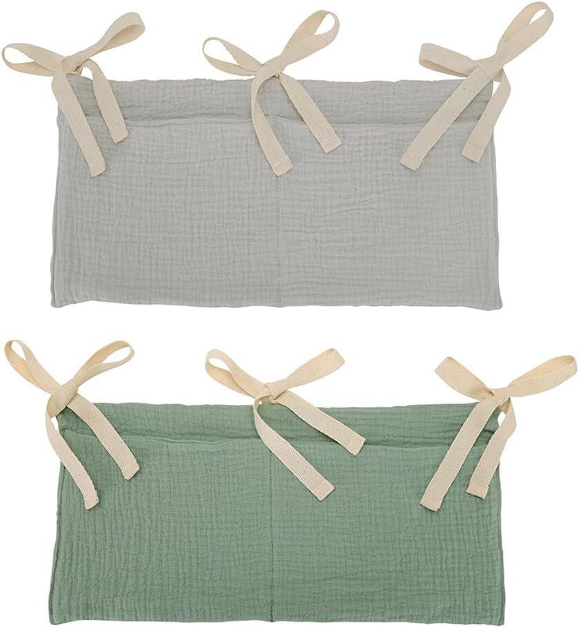 EUBUY Cotton Baby Bedside Hanging Storage Bag, 2-Pack Hanging Diaper Organizer for Crib & Changing Table 2 Pockets Organizer for Baby Cribs and Toys