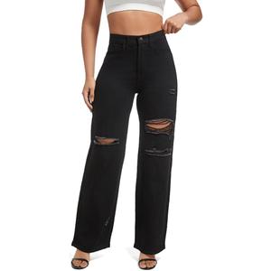 Aodrusa Ripped Wide Leg Jeans for Women Mom Baggy Straight Leg Stretchy Boyfriend Trendy Trouser Denim Pants, S