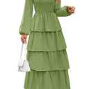 MEROKEETY Women's Summer Fall Long Sleeve Ruffle Tiered Dress 2025 Flowy Layered Square Neck Smocked Maxi Dresses, Green, Large (Green, L)