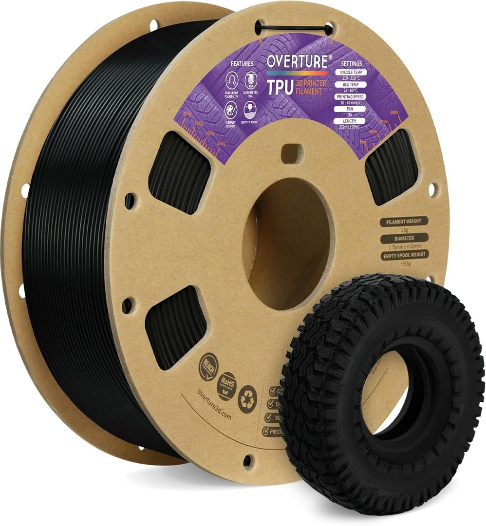 OVERTURE TPU Filament 1.75mm Flexible Roll, 95A Soft 3D Printer Filament, 1kg Spool (2.2 lbs), Fit Most FDM Printer (TPU Black)