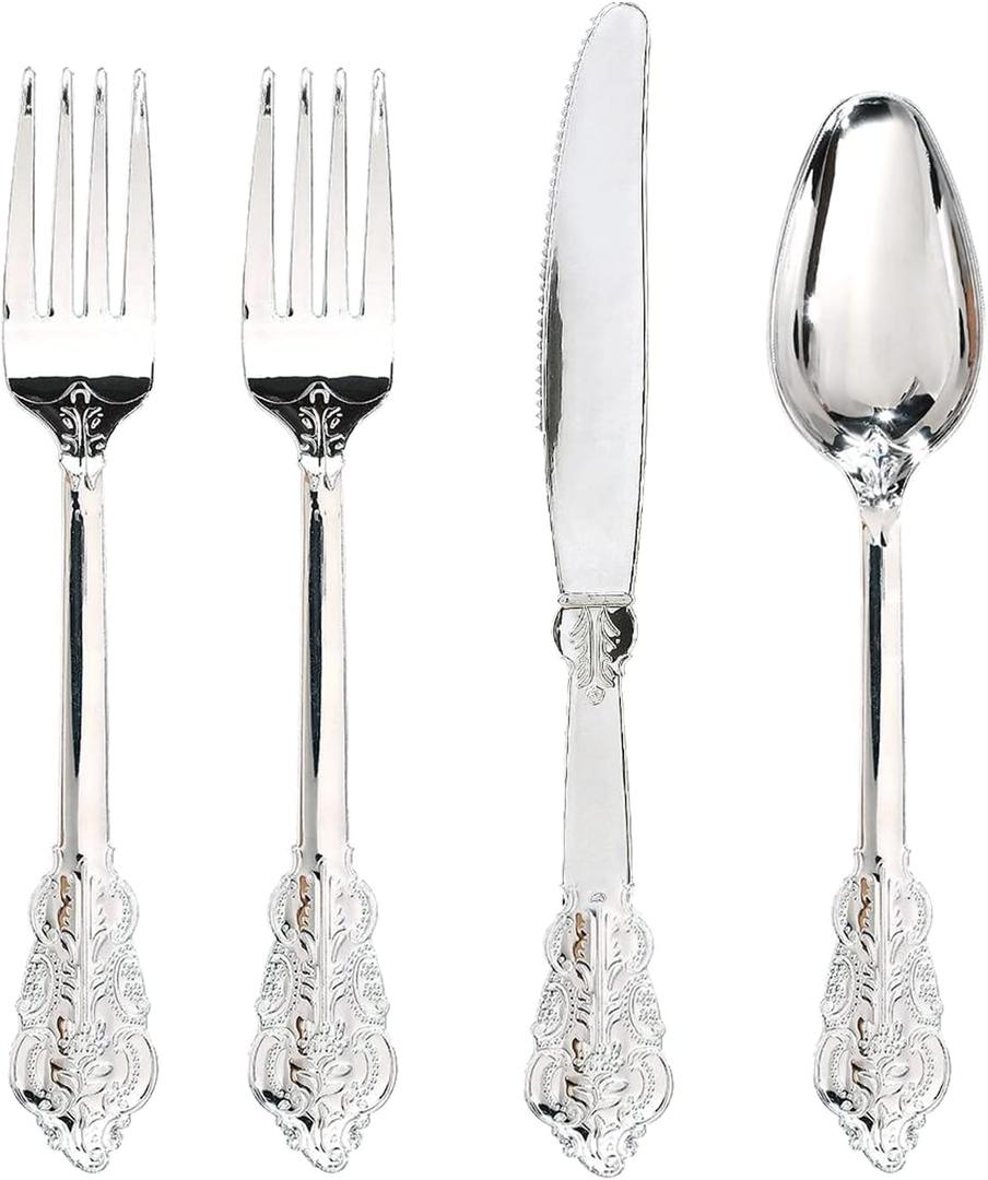WDF 200 Pieces Silver Plastic Silverware Disposable - 50Guests Silverware Plastic Cutlery - Disposable Utensils Includes 100 Forks, 50 Spoons, 50 Knives Perfect for Christmas Wedding or Party