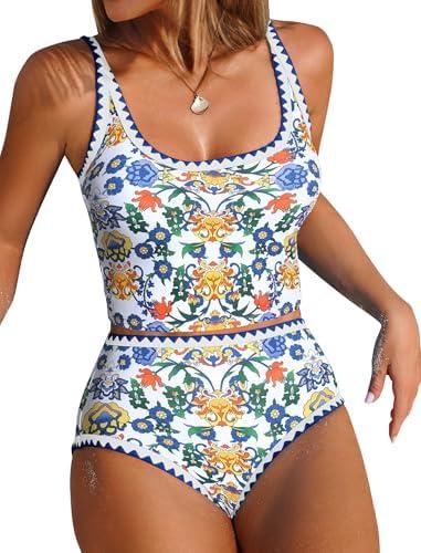 ZAFUL Tankini Swimsuit Tummy Control Bathing Suits Two Piece Swim Top with High Waisted Bottom, L