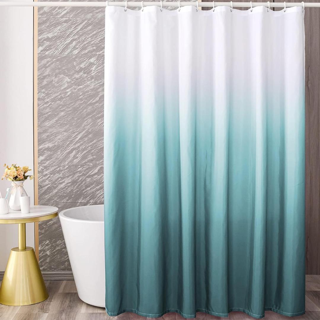 YI & ZE Teal Blue Ombre Shower Curtain Sets for Bathroom Accessories Fabric Polyester Waterproof Modern Shower Curtain Liner with 12 Hooks W72xL84