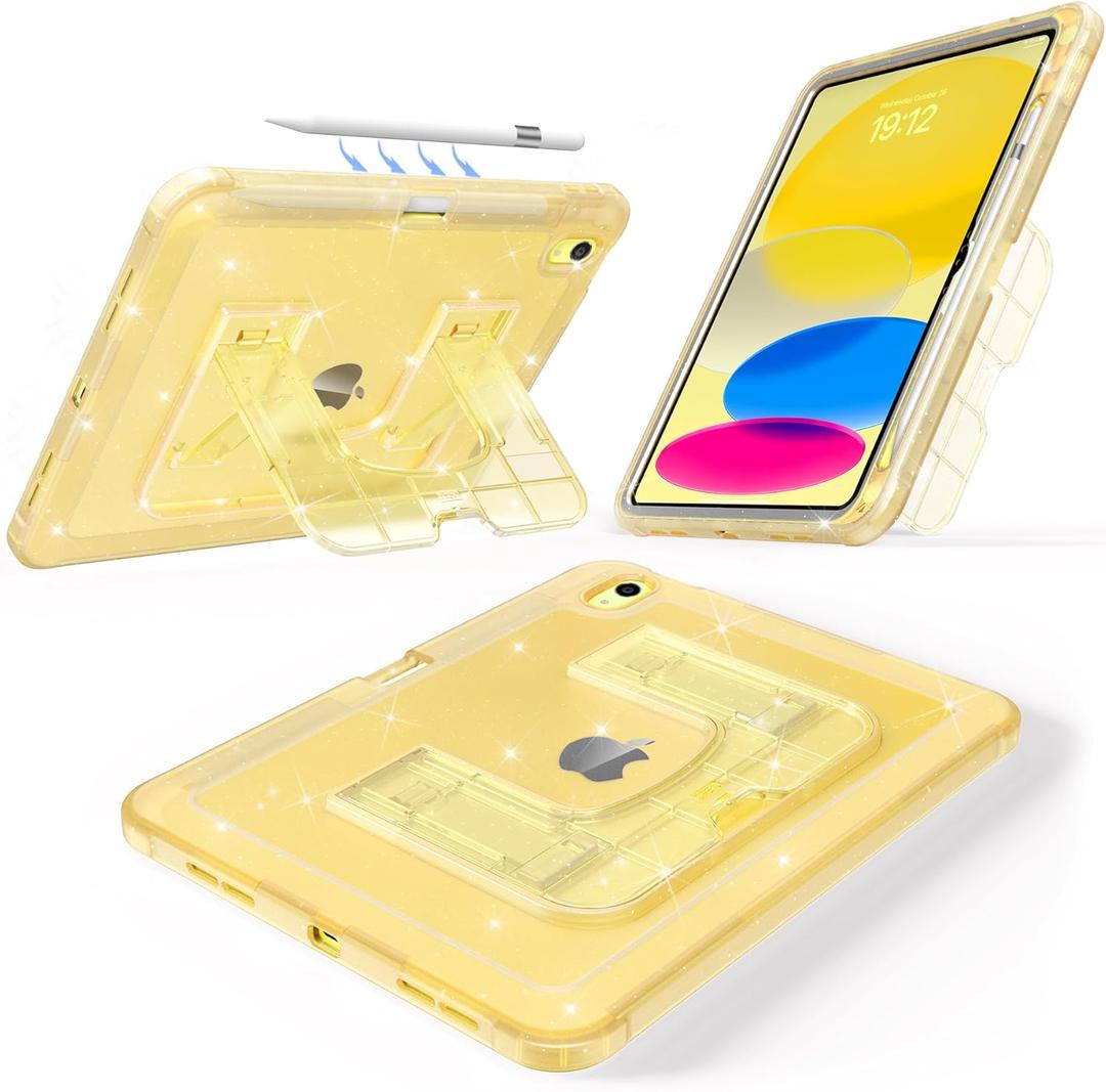 CCMAO Case for iPad (A16) 11th 11" 2025, iPad 10th 2022 with Pencil Holder & Kickstand, Shockproof Protective Slim Thin iPad Case with Glitter Transparent Back Cover for iPad 11/ 10, Yellow Glitter