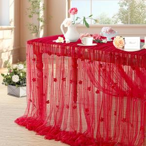 LuoluoHouse Red Pearl Tulle Tablecloth 10ft Red Flower Pearl Table Runner Sheer Gauze Fabric Wedding Lace Kitchen Linen for Arch Bridal Shower Veil Valentines Sweetheart Table Decorations