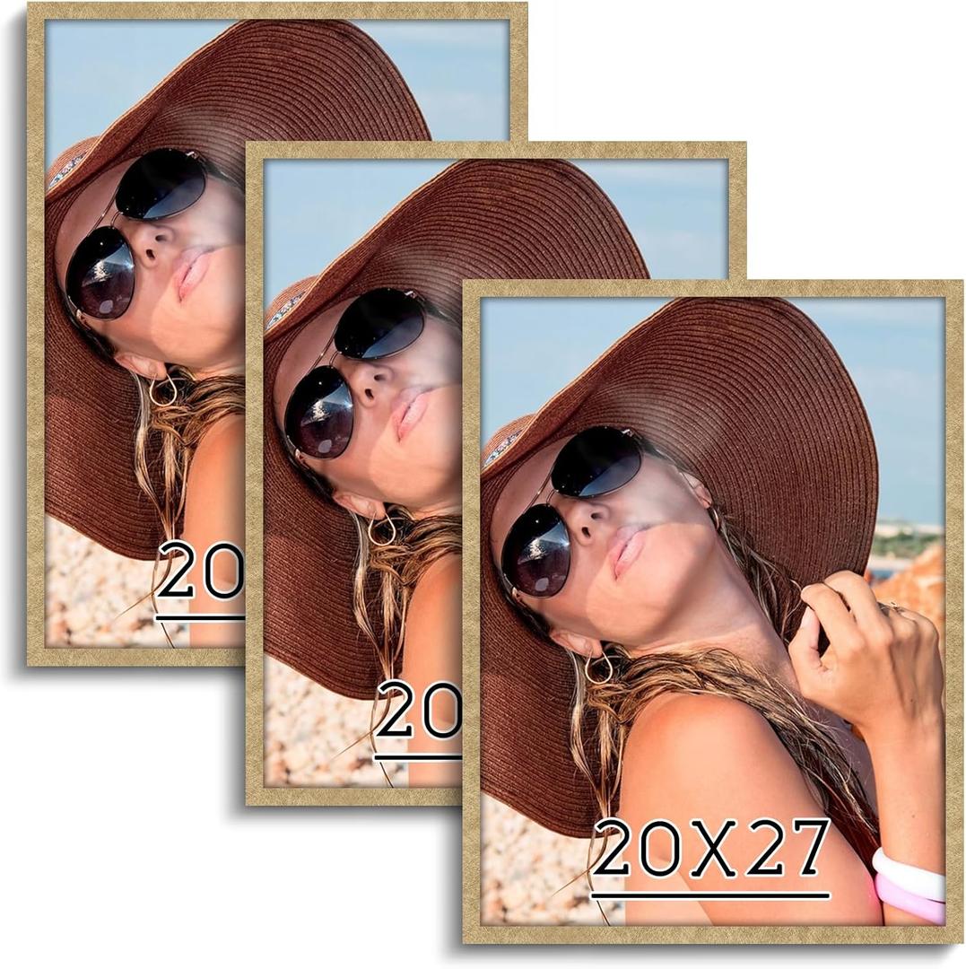 HLiWEGNS Gold 20x27 Frame Set of 3 - Vintage 20 x 27 Poster Frame with Plexiglass for Wall Gallery Display, 20x27 Picture Frame for Puzzles, Artwork, Photos and Posters - Ideal Christmas Day