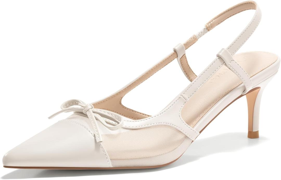 Coutgo Womens Kitten Heels Slingback Mesh Pumps Bow Tie Closed Pointed Toe Two Tone Slip on Work Dress Shoes (7.5, White)