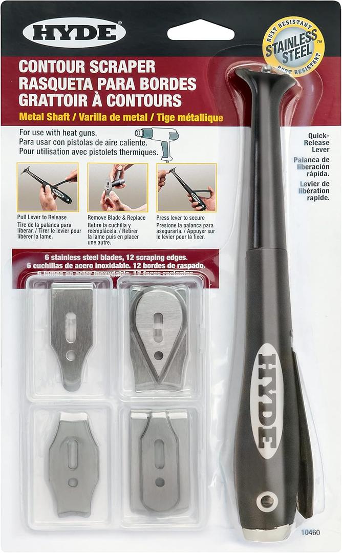 Contour Scraper Long Neck Metal Shaft, Heat Gun Safe with 6 Stainless Steel Blades