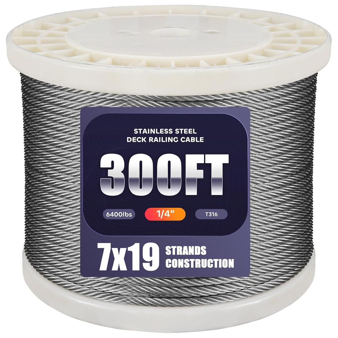 300FT 1/4" Stainless Steel Cable for Deck Cable Railing System, Premium T316 Cable Kits, 7x19 Strands Construction Braided Stainless Wire, 1/4 inch Wire Rope Cable, Yard Zipline (Sliver)