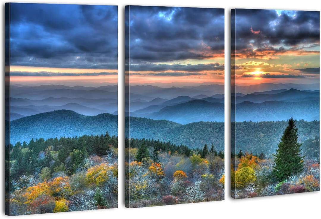 Blue Ridge Mountains Wall Art Sunrise Forest Pictures for Living Room Decor Smoky Mountains Canvas Prints National Park Posters Nature Woodland Artwork for Bedroom Office Home Decoration 16x32" 3Pcs