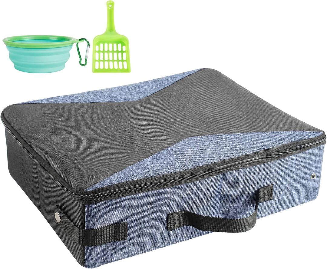 HiCaptain Portable Travel Litter Box, Foldable Cat Litter Box with Lid and Handle Standard Lightweight Collapsible Litter Carrier for Cat Travel(M,Black/Blue)