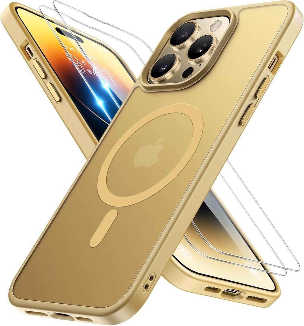 Miracase Magnetic for iPhone 14 Pro Max Case 6.7 inch (Compatible with MagSafe)with 2X Screen Protectors Military-Grade Protection, Anti-Fingerprint Translucent Matte Phone Case Cover, Light Yellow