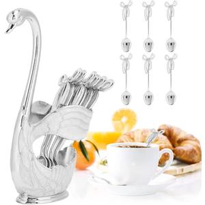 Watris Veiyi 6PCS Swan Base Stainless Steel Small Spoons Set for Coffee Cake Dessert Ice Cream Tea (Silver)