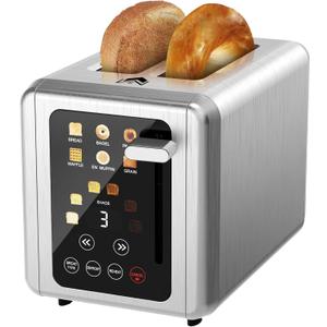 Touch screen Toaster 2 slice,Stainless Steel Digital Timer Toasters with Sound Function,6 Bread Types & 6 Shade Settings,Smart Extra Wide Slots Toaster with Bagel,Defrost Functions,Platinum