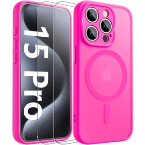 Innaght Magnetic for iPhone 15 Pro Case[Compatible with MagSafe][Camera Protection][2+Full Coverage Tempered Glass Screen Protector][Translucent Matte] Drop Protection Phone Case,6.1",Hot Pink