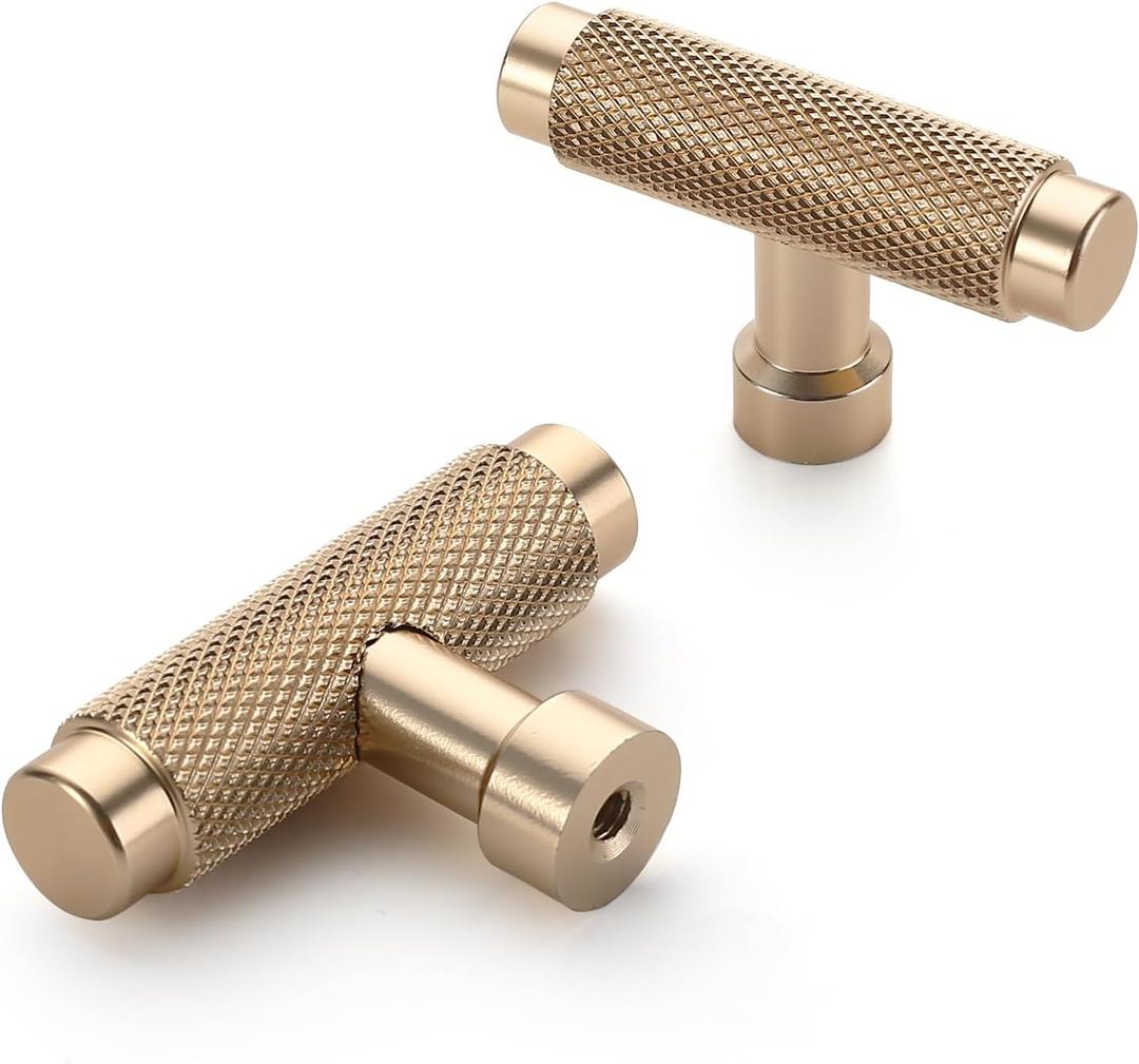 10 Pack 2 Inch Brushed Gold Cabinet Knobs Knurled Kitchen Cabinet Knobs Gold Drawer Knobs Dresser Knobs Kitchen Knobs for Cabinets Knobs for Cabinets and Drawers T Bar Knobs (Single Hole Knob)