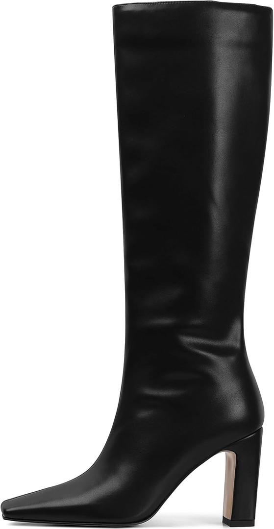 Lovee Cosee Knee High Boots for Women Square Toe Chunky Heeled Boots with Side Zipper Fashion Dress Elastic Tall Boots (8, Black)