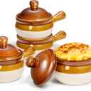 KooK French Onion Soup Crocks, Ceramic Bowls with Lids, Large Handles, Oven & Microwave Safe, Brown/White, Set of 4, 15 oz