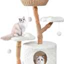 Easyego Modern Cat Tree, 40.5" Aesthetic Wood Cat Tree Tower for Large Cats, Luxury Cat Condo with Scratching Posts and Flower Platforms, Cat Furniture, White