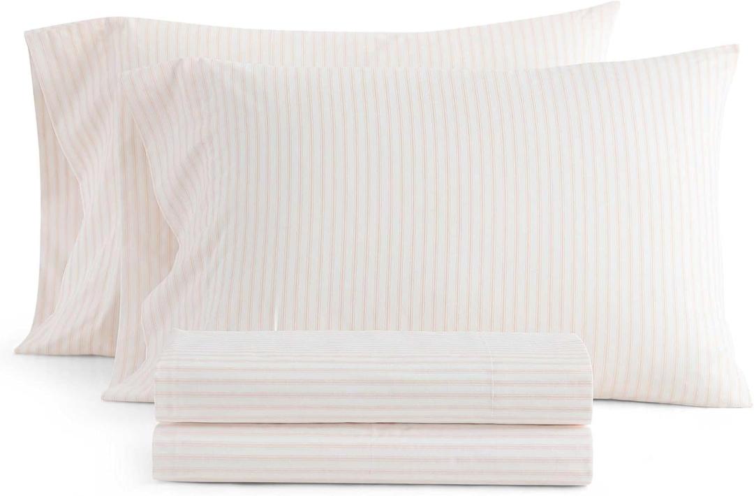 Martha Stewart - Queen Size Sheets Set, Crisp & Tailored Cooling Sheets with a Smooth Cotton Percale Lightweight Feel - Bed Sheets with Matching Pillowcases & Fitted Sheet (Ticking Stripe Pink)