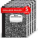 Rosmonde College Ruled Composition Notebooks 5 Pack, 200 Pages (100 Sheets), 9-3/4" x 7-1/2", White & Black Marble Composition Book, Hard Cover, Sturdy Sewn Binding, School, College & Office Supplies