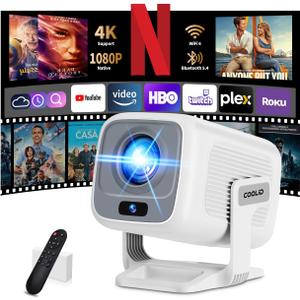 [Auto Focus & 2026 Upgraded] Mini Projector 1080P FHD Support 4K Portable Projector with WiFi6 and Bluetooth5.4 Built-in App 180° Adjustable Auto Keystone, Compatible with HDMI/Laptop/USB, White