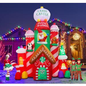 [Flash Light] 10FT Tall Christmas Inflatable Outdoor Decoration Candy Castle with Santa Gingerbread and Penguin, Christmas Blow Up Candy Castle Inflatables for Xmas Outdoor Decorations