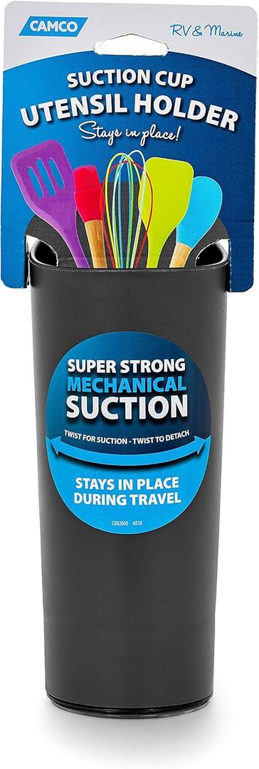Camco Suction Cup Utensil Holder | Features an Integrated Mechanical Suction Cup, Heavy-Duty Polymer Construction, and is Designed for Compact Spaces Like RVs, Campers, Boats, and More (43816)